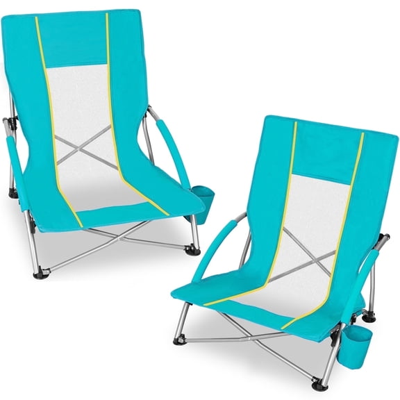 SUNSPIRE Beach Chair for Adults Low Back Portable Folding Camping Chair with Cup Holder & Carry Bag for Outdoor Beach Picnic Travel 2-Pack Teal
