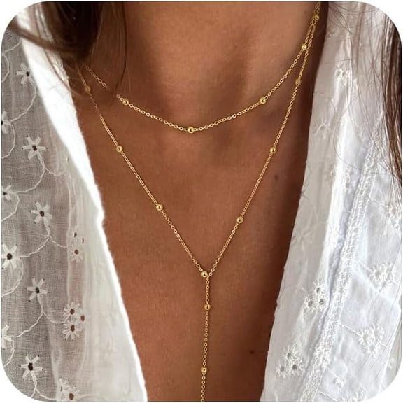 Lariat Gold Necklace for Women Dainty Long Necklaces 14K Gold/Silver Plated Y Necklace Trendy Layer Beads Sequin Chain Diamond Crystal CZ Y-Shaped Necklaces Simple Jewelry Gift for Women[d622]