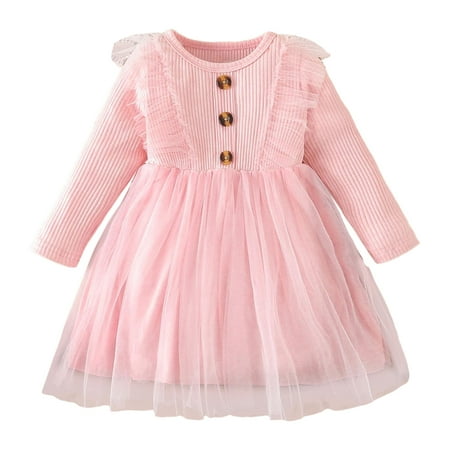 

Toddler Girls Long Sleeve Ribbed Ruffles Dresses Solid Tulle Princess Dress Clothes RD2 12M(6 Months-12 Months)