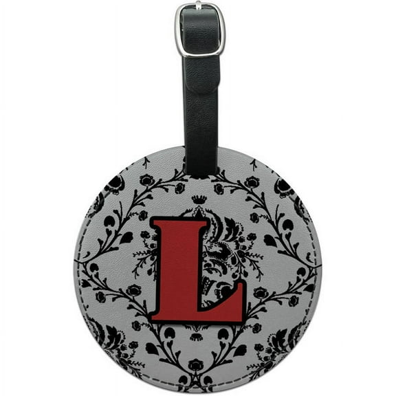 Letter L Initial Damask Elegant Red Black Round Leather Luggage ID Tag Suitcase