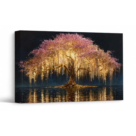 Golden Tree of Life Canvas Wall Art, Glowing Mystical Tree Wall Decor, Gold Floral Theme Print Painting Pictures, Home Artwork Decor for Living Room Bedroom 30"*20"