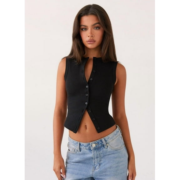 Women’s Button Down Tank Tops Ribbed Summer Vest Button Up Open Front Sleeveless Slim Fit Crop Going Out Tops