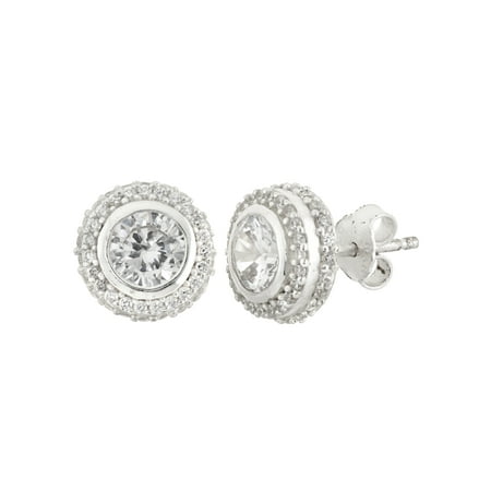 - White CZ Sterling Silver 6mm Round Double Gallery Halo Stud Earrings