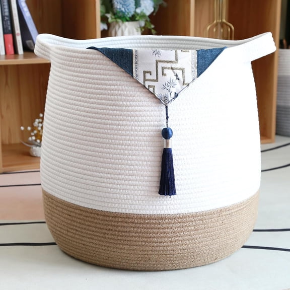 Large Cotton Rope Basket, Woven Storage Basket for Toys, Laundry and Blanket Organiser, Round Gift Basket with Handles for Children's Room, D45 x H43 cm, Brown Linen & White