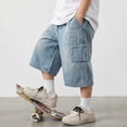 thumbnail image 6 of Kids Denim Shorts Elastic Waist Straight Leg Jeans Shorts Casual Loose Fit Denim Shorts with Pockets Summer Clothes 5-6 Years, 6 of 8