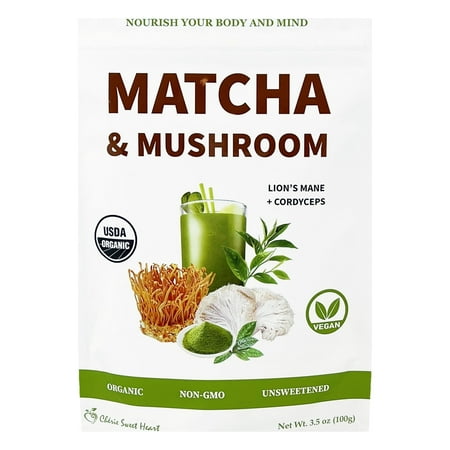 Cherie Sweet Heart Matcha & Mushroom, Organic Matcha Latte Powder Drink Mix, Great Substitute for Coffee, Non-GMO, Vegan, Gluten-Free, 3.5 Ounce Bag