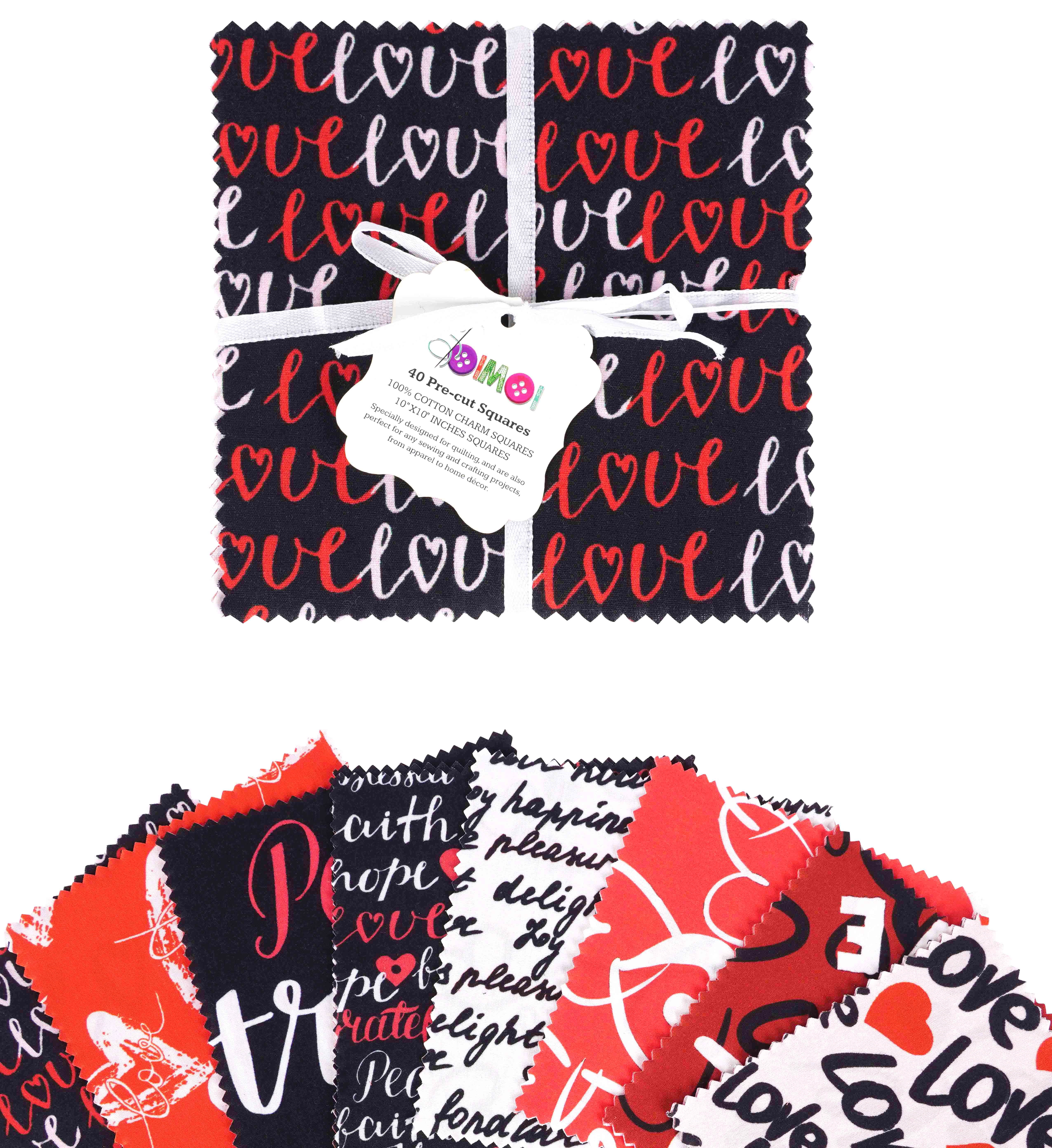 Soimoi Precut 10-inch Valentine Love Prints Cotton Fabric Bundle Quilting Squares Charm Pack DIY Patchwork Sewing Craft- Red & Black