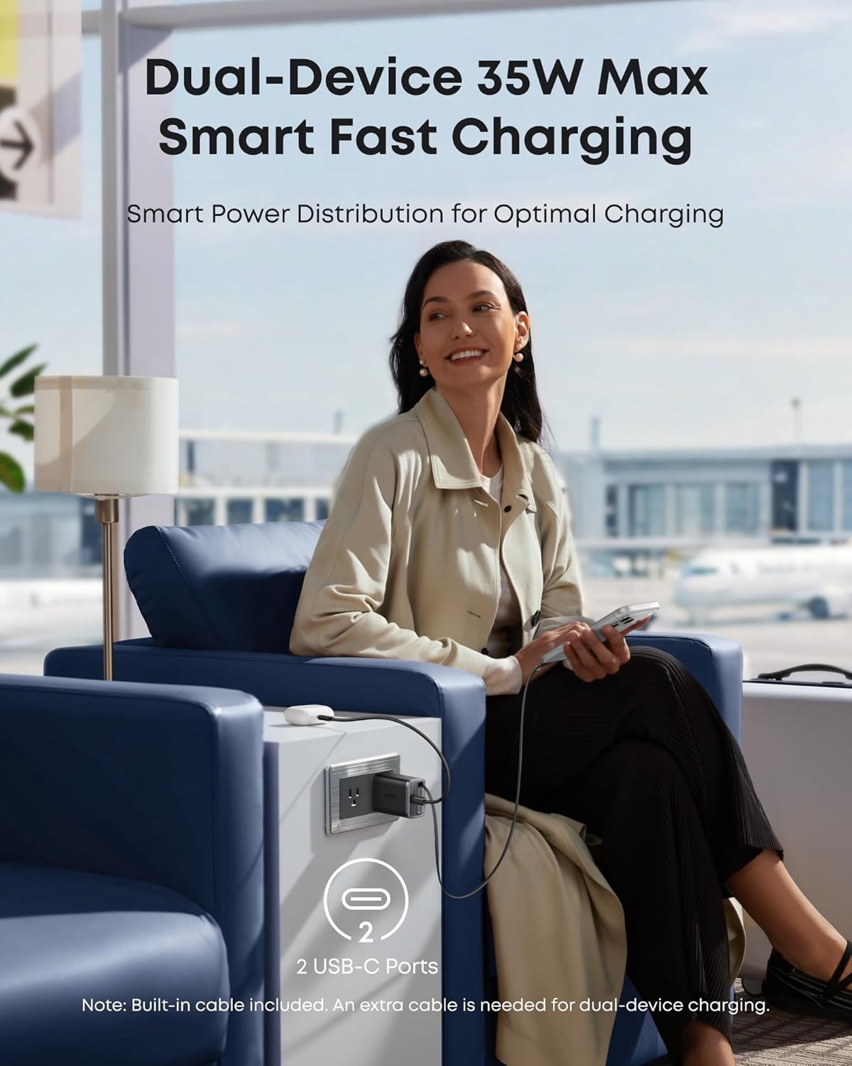 Anker Nano USB C Charger Block, 35W Max 2-Port High-Speed Compact Charger with Durable Built-in Anker InstaCord Retractable Cable