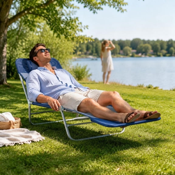 Folding Chaise Lounge Chair, 6-Position Reclining Back, Breathable Mesh Seat, Headrest, for Pool, Patio, Beach, Yard, Blue