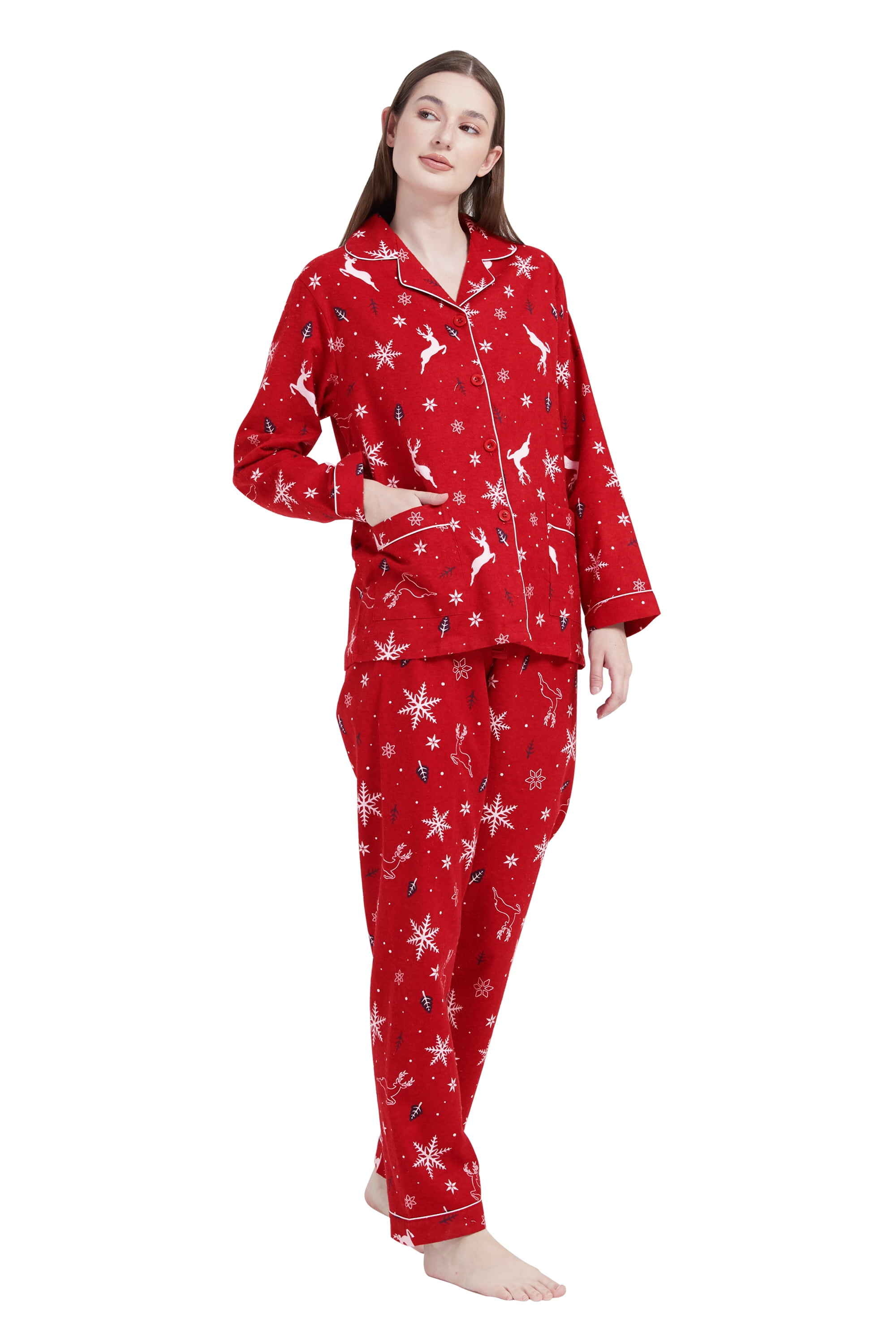 GLOBAL 100% Cotton Comfy Flannel Pajamas for Women 2-Piece Warm and Cozy Pj  Set of Loungewear Button Front Top Pants, Size M 