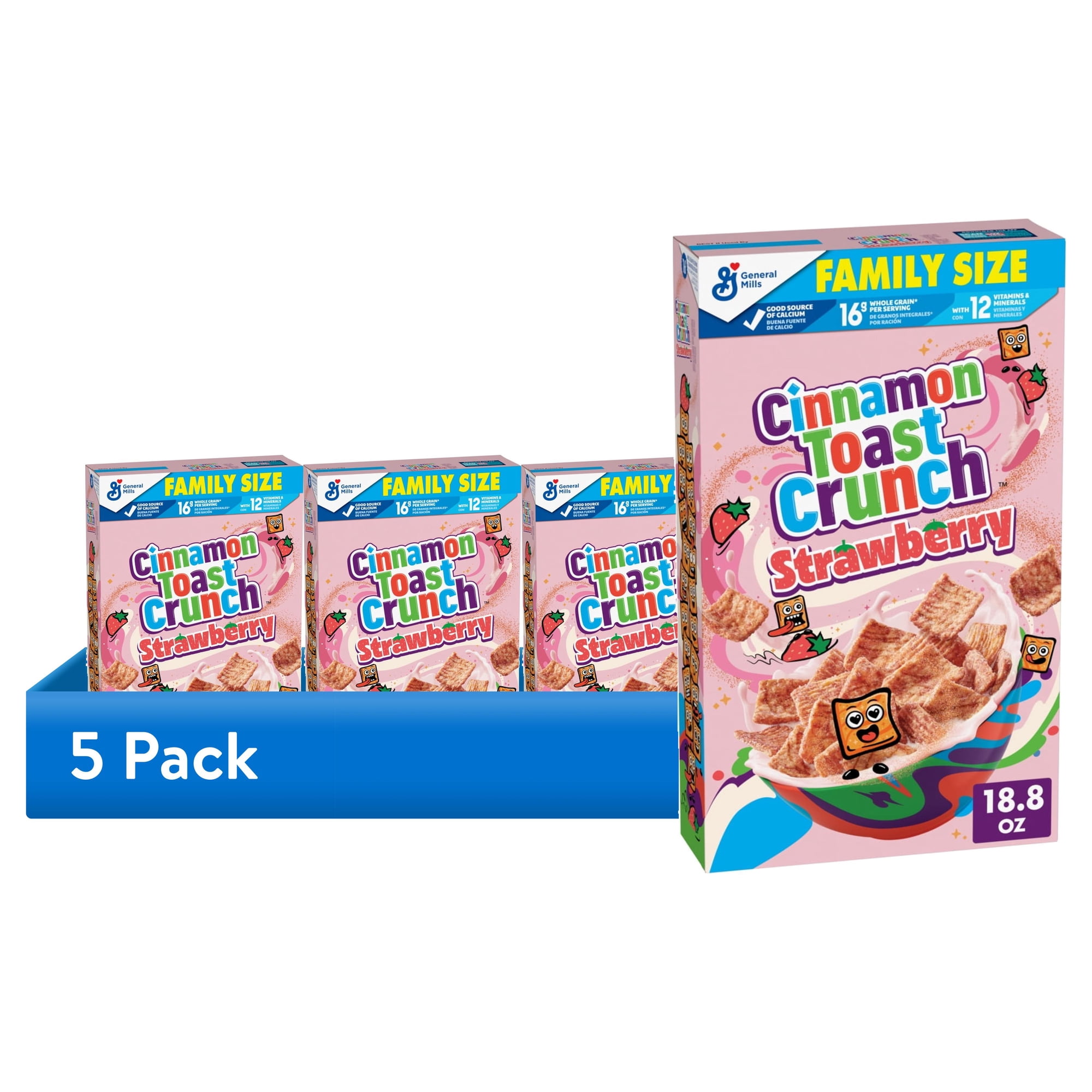 (5 pack) Cinnamon Toast Crunch Strawberry Breakfast Cereal, Crispy, Family Size, 18.8 oz