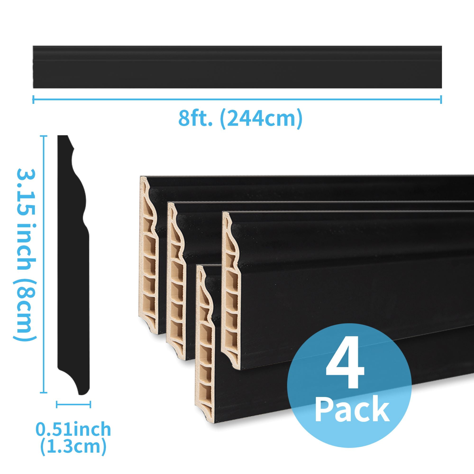 Art3d 96'' x 3.15'' Wall Baseboard Molding Trim,High Impact Polystyrene Skirting Board,Set of 4,Black