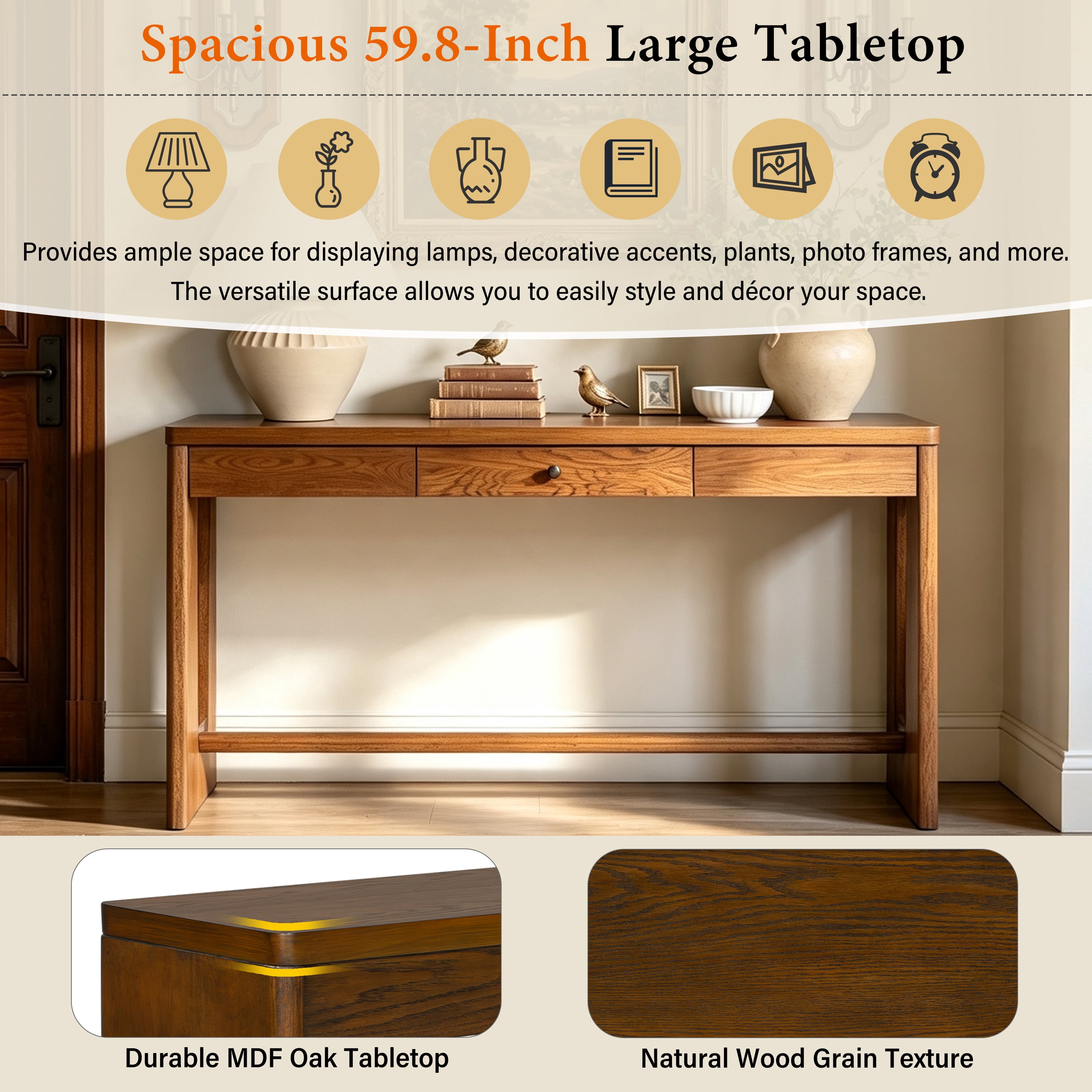 Euroco 59.8" Wood Console Table with Drawer,Modern Narrow Entryway Table with Oval Cutout Leg for Living Room, Foyer,Sofa Table Behind Couch,Brown