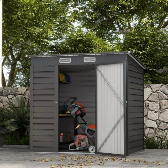 Grey Galvanized Steel Garden Shed, 25ft², Secure Latch, Vent Slots, Installation Gloves