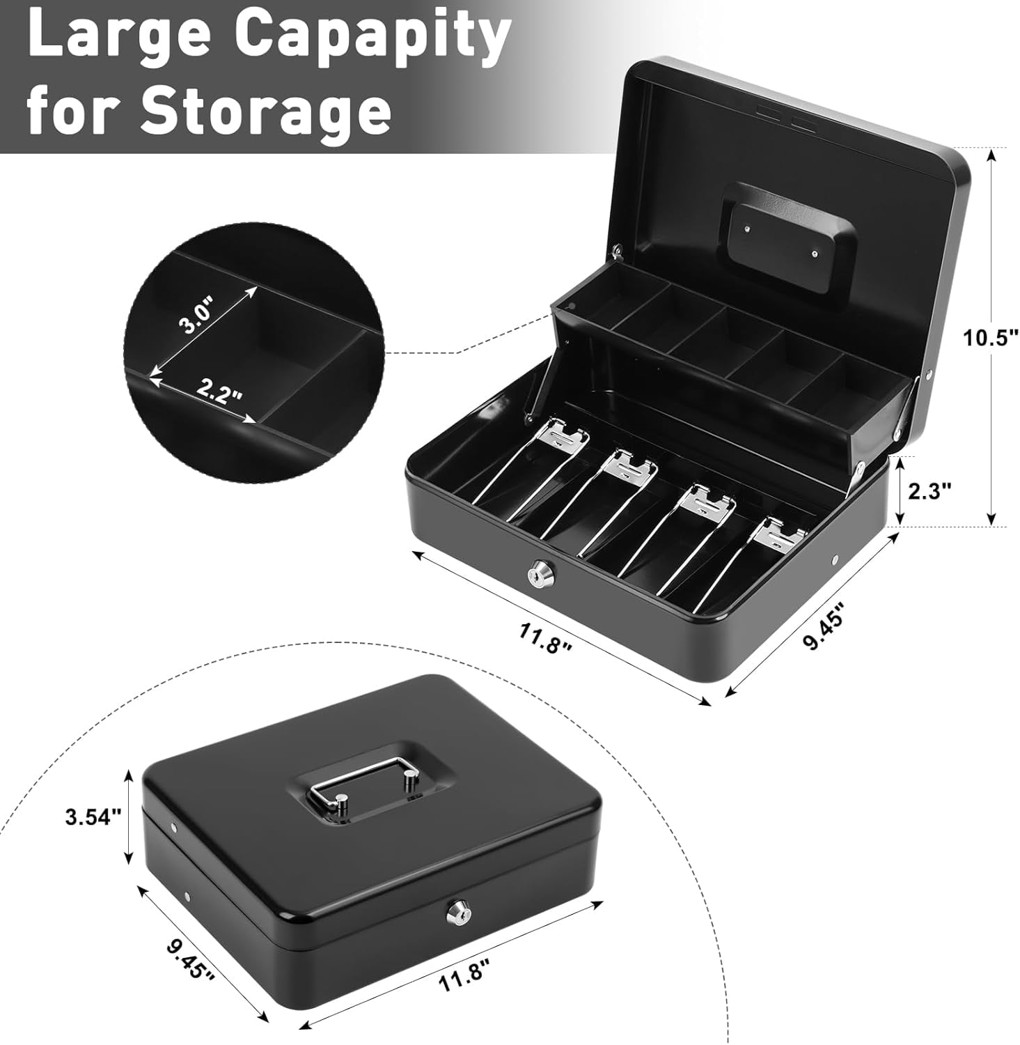Cash Box Metal Money Box with 5 Coin Trays Cantilever Design & 4 Bill Slot with Spring Clips to Organize and 2 Keys Lock Box Suitable for Valuables 11.8x9.44x3.54in Size