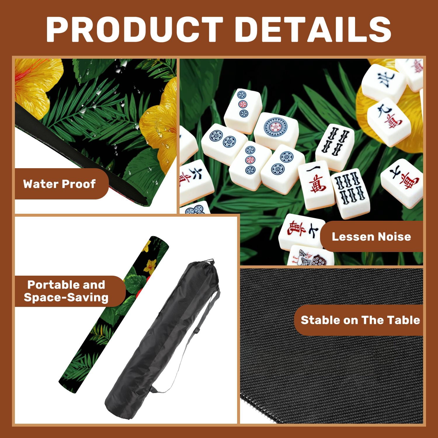 Mahjong Mat 31.5" x 31.5" Seamless tropical flower plant leaf retro Non-Slip Noise Reduction American Mahjong Tiles Table Cover for Dominoes Poker Card Board Games Gift