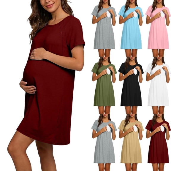 ShomPort Nursing Nightgown Breastfeeding Short Sleeve Round Neck Solid Color Maternity Sleepwear for Breastfeeding