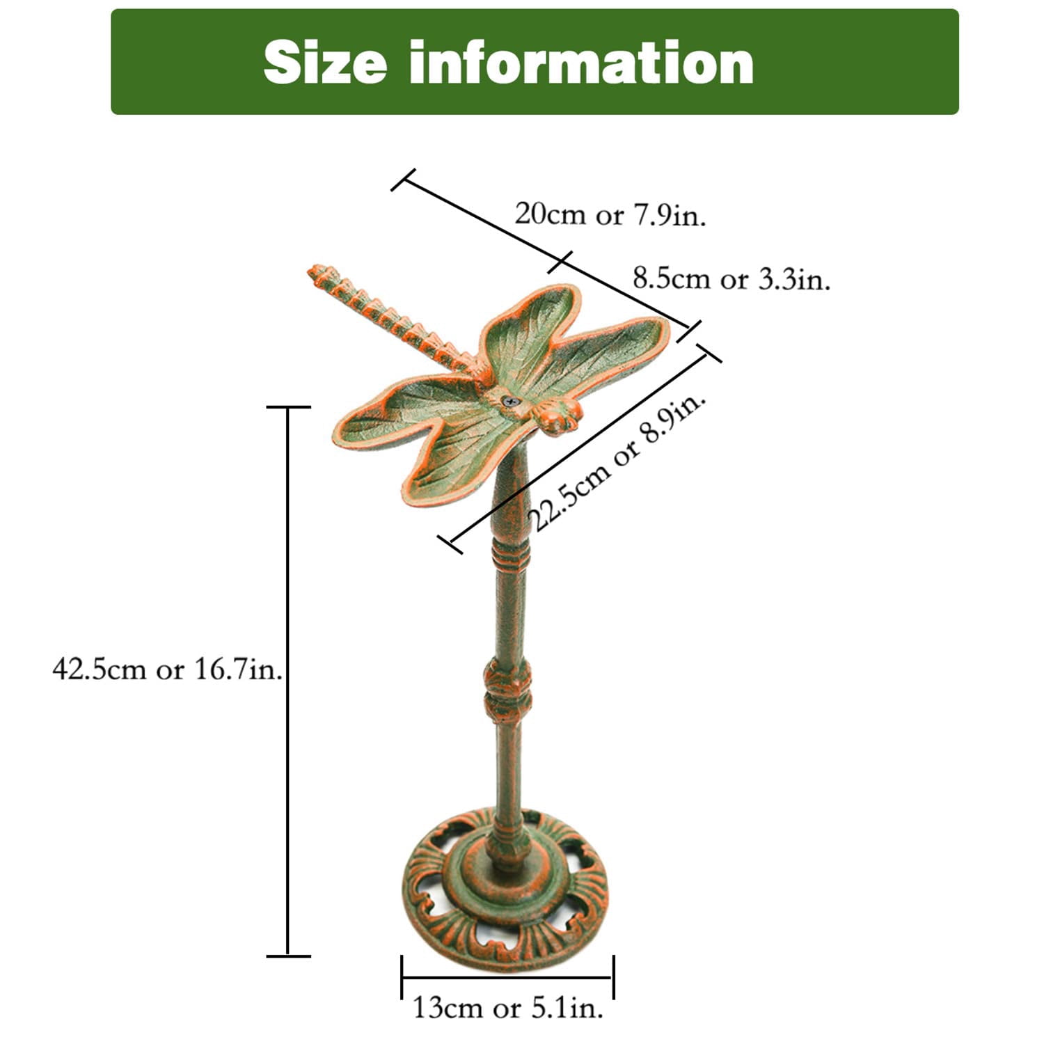 Sungmor Heavy Duty Cast Iron Small Bird Bath for Garden, Wild Bird Water Bath Food Holder, Outdoor Yard Standing Feeder with Vintage Special Color & Lovely Dragonfly Shape, Great Garden Ornament