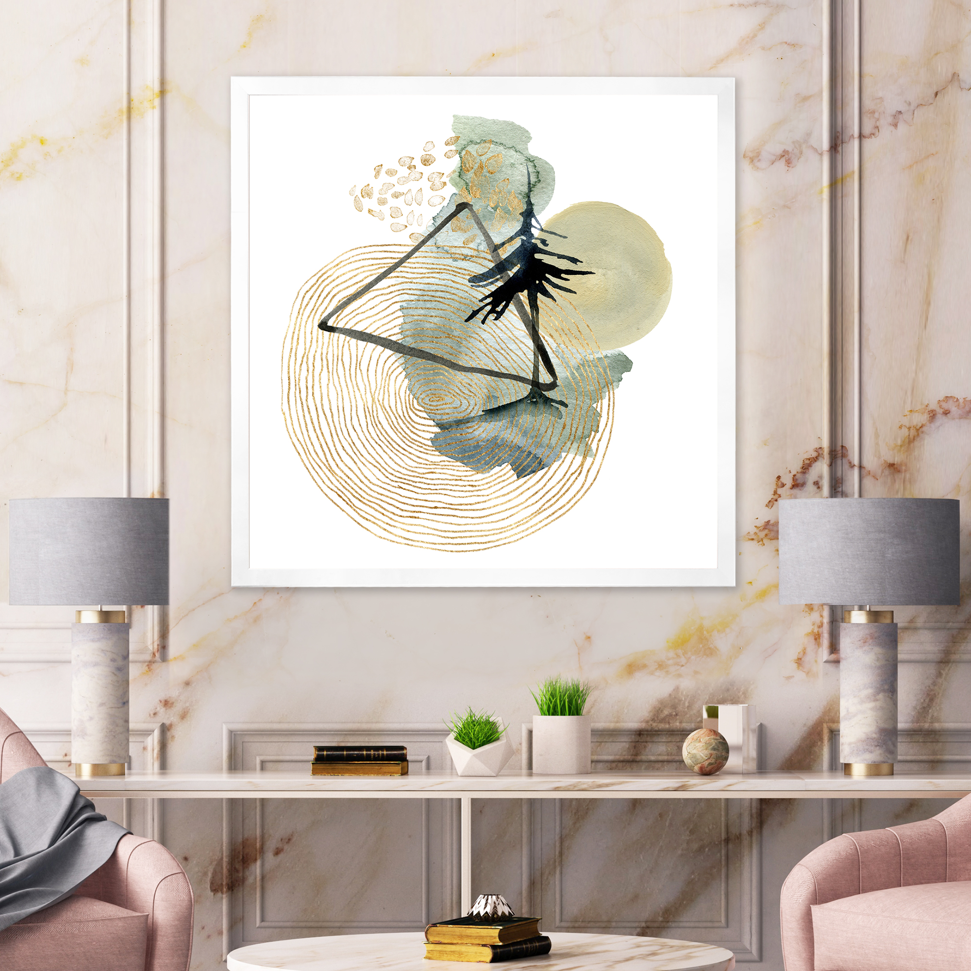 Designart 'Abstract Landscape Of Mountains Tree and Moon' Mid-Century Modern Framed Art Print