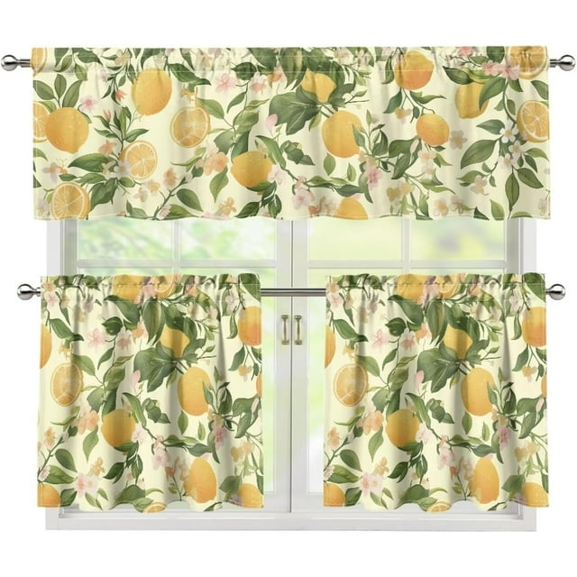 Lemon Print 3 Piece Kitchen Curtains and Valances Set Farmhouse Washable Rod Pocket Kitchen Curtain Set 24 Inches, Kitchen Window Curtains Set European Style Curtains for Cafe