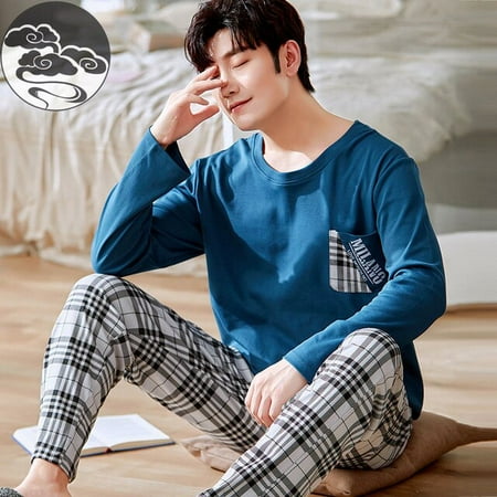 

QWZNDZGR Spring Autumn Knitted Cotton Long Sleeved Men s Pajamas Sets Male Pajama Set Letter Pajama For Men Sleepwear Suit Homewear 3XL