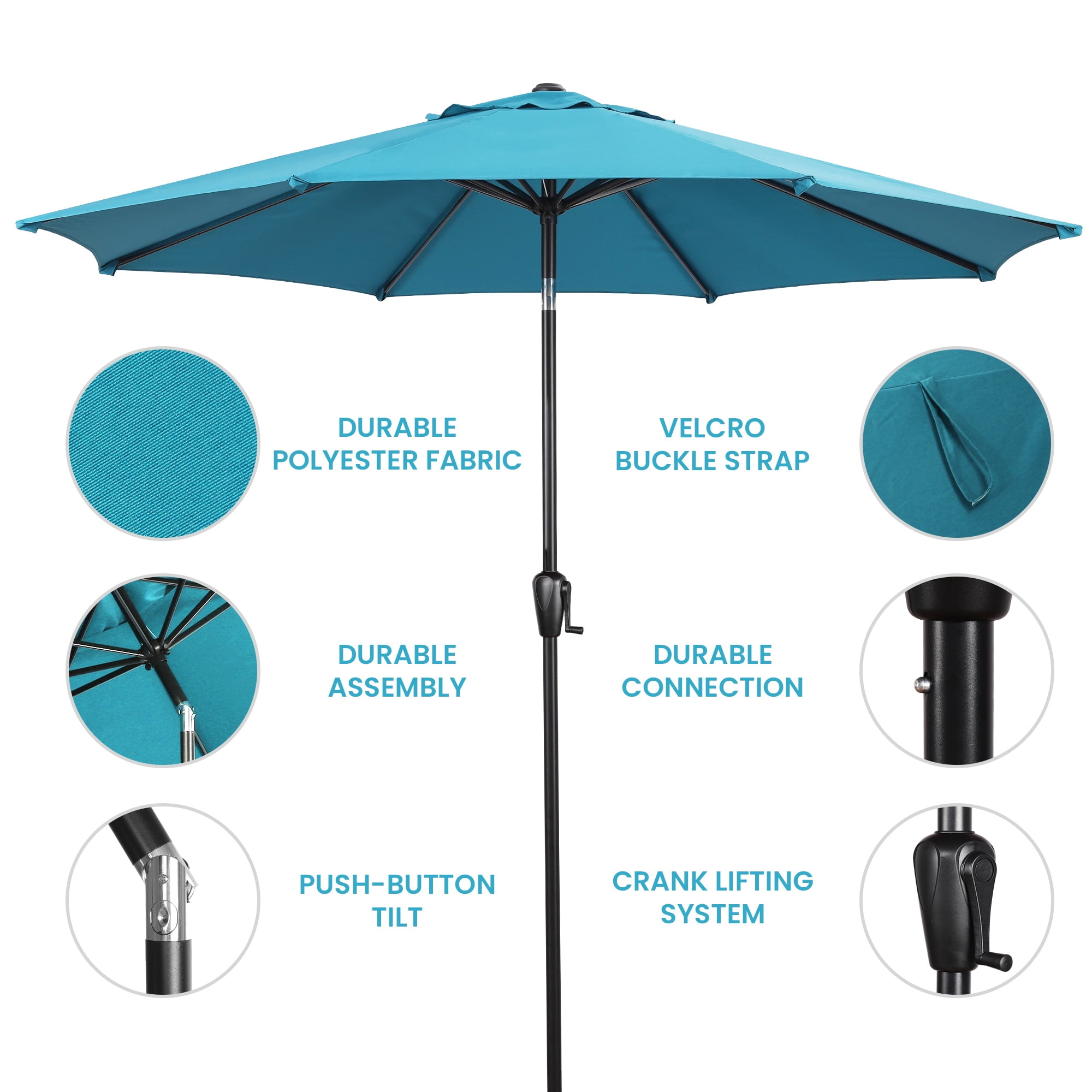 Sun-Ray 9 FT Patio Umbrella w/ Push Button Tilt and Crank Outdoor Umbrella, 8 Sturdy Ribs, UV Protection, Solution-Dyed Fabric, Teal