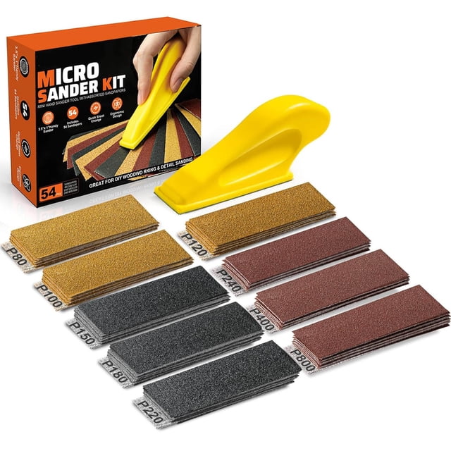 Microlijadora Premium, Detalle y Mini Bloque Lijador – Herramienta de Lijado de Mano Pequeña de Precisión, Kit de Papel de Lija de Grano 80–800, Juego 3 en 1 para Madera