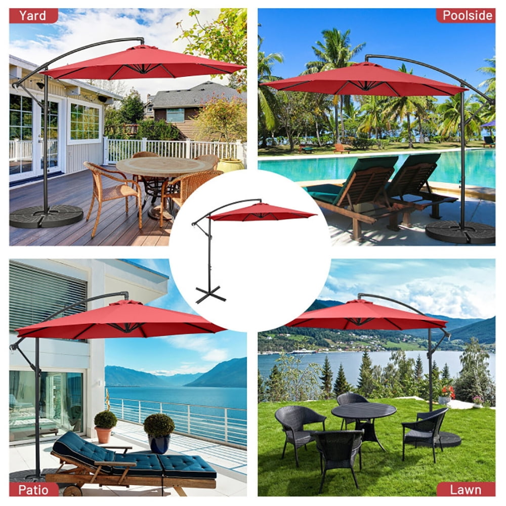 Aimee Lii 10 Feet Offset Umbrella with 8 Ribs Cantilever and Cross Base, Outdoor Umbrella with Base, Red