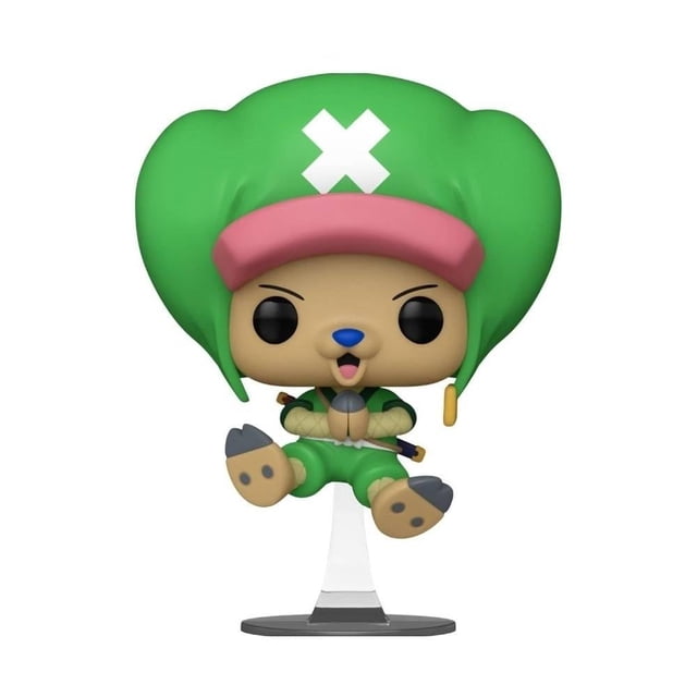 figura funko pop chopperemon isla de wano nuevo vinilo 9.5 cm. Vista frontal de Chopperemon estilo Funko con gorro verde con cruz blanca y visera rosa, ojos negros, nariz azul, traje multicolor verde y base transparente, adecuada para exhibir en colecciones.