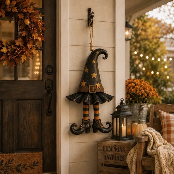 13.78in Vintage Witch Hat Leg Hanging Ornament Rustic Resin Wall Decor for Halloween Fall Farmhouse Porch Entryway