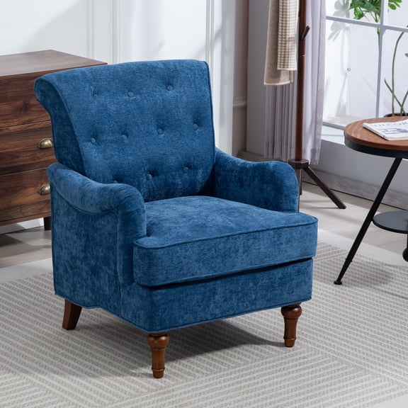Hassch Accent Chair, Chenille Fabric Upholstered Living Room Chair with Wooden Legs, Lounge Armchair with Button Tufted Back, Comfy Reading Chair for Bedroom, Blue