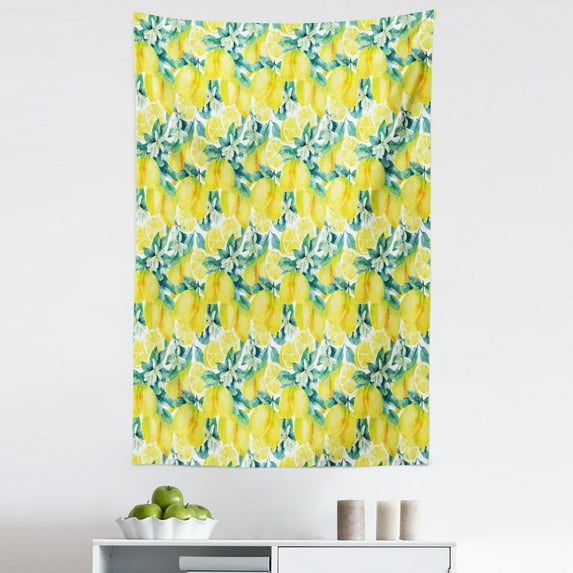 Kitchen Tapestry, Watercolor Paintbrush Lemons with Murky Effects Image, Fabric Wall Hanging Decor for Bedroom Living Room Dorm, 5 Sizes, Forest Green Yellow, by Ambesonne