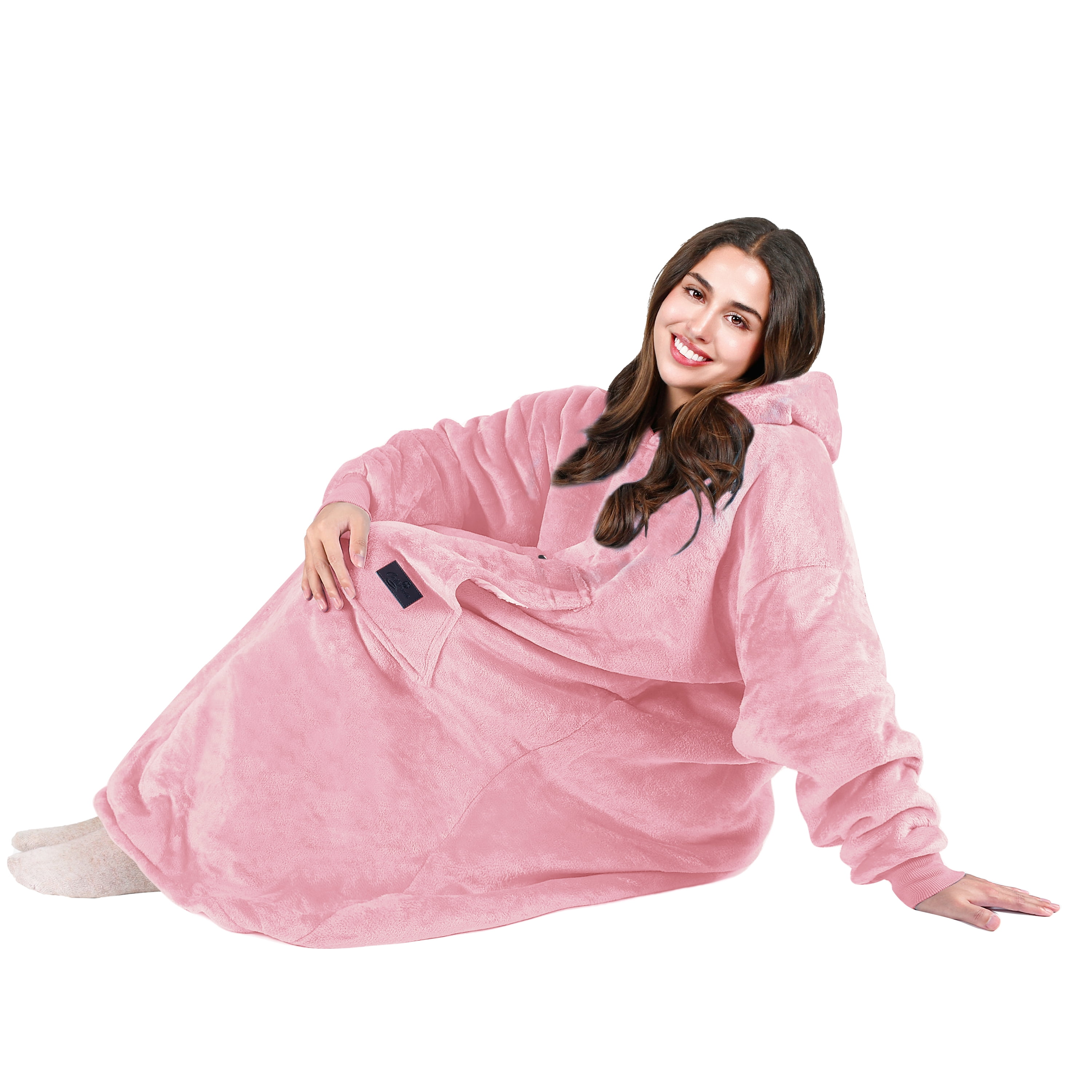 Tirrinia Extra long Oversized Hoodie Blanket Sweatshirt Comfortable Sherpa Giant Wearable Blankets Christmas Gifts for Adults Men Women Teenagers Wife Girlfriend Pink