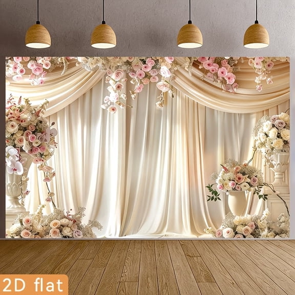 Elegant Floral Wedding Backdrop Pink Rose White Curtain Bridal Shower Background Boho Flower Engagement Party Decorations Banner Supplies Photo Booth Props