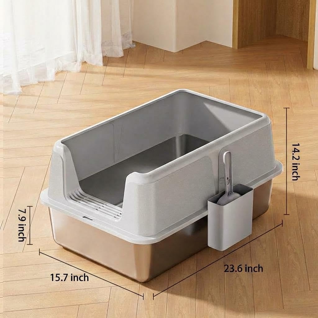 Stainless Steel XL Cat Litter Box, 8" Deep Enclosed Metal Litter Pan with Lid & Filter, Anti-Leak Non-Stick Design, Includes Scoop for Large Cats