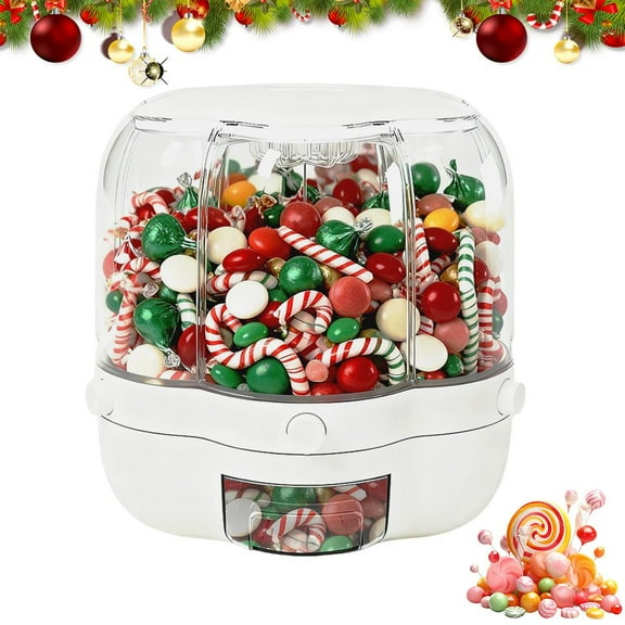 Christmas Candy Dispenser, 360 Rotating Candy Dispenser 6 Compartments with Lid , Multi-grid Large Capacity Grain Storage Container, One-Button Dispensing for Snacks, for Snacks Cereals C-andy