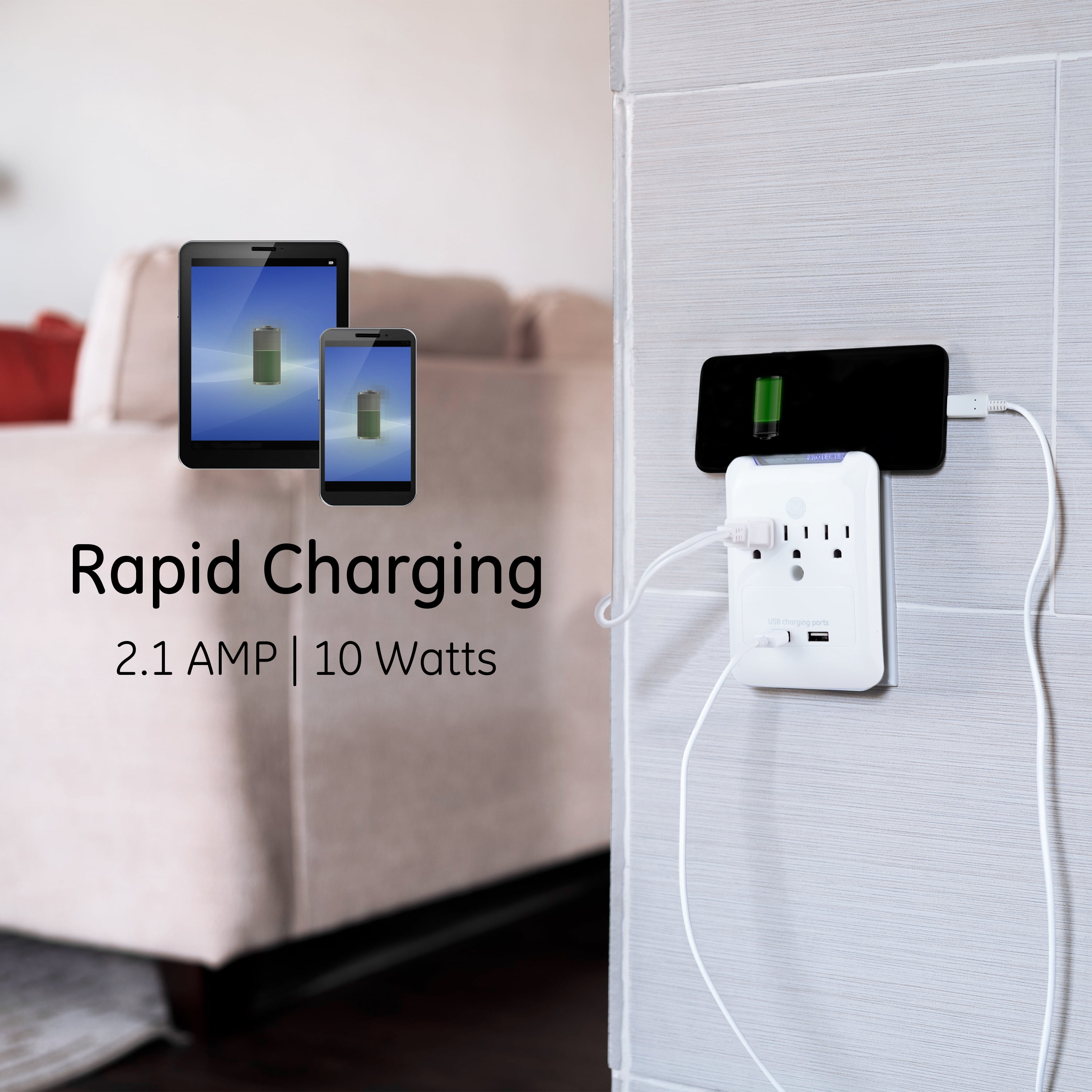 GE Pro 3-Outlet 2-USB Charging Station, Surge Protector, White, 33646