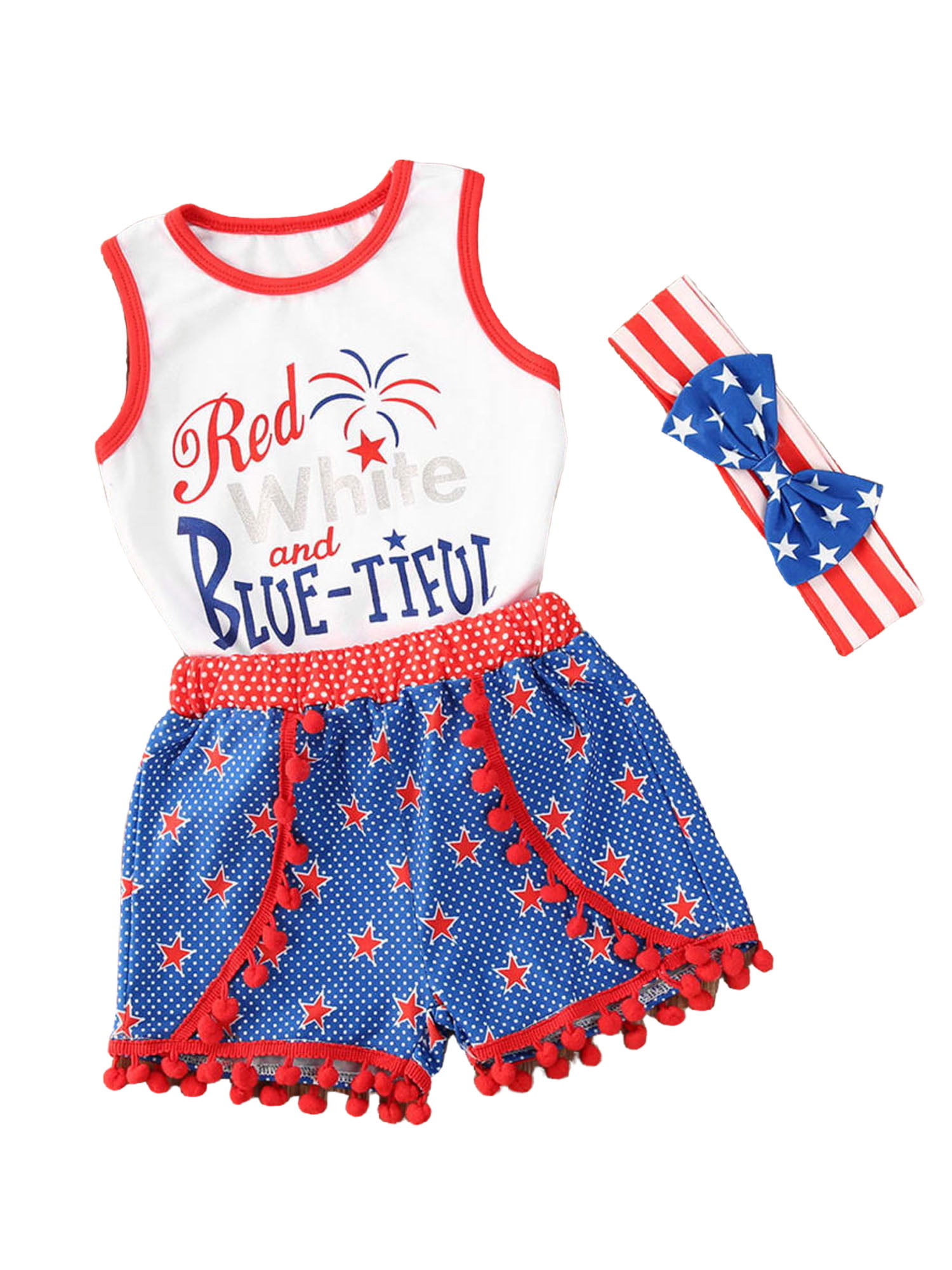 Tassel Shorts Pants with Hairband Infant Toddler Girl 4th of July Clothes Outfits Set Kids Sleeveless Shirt 