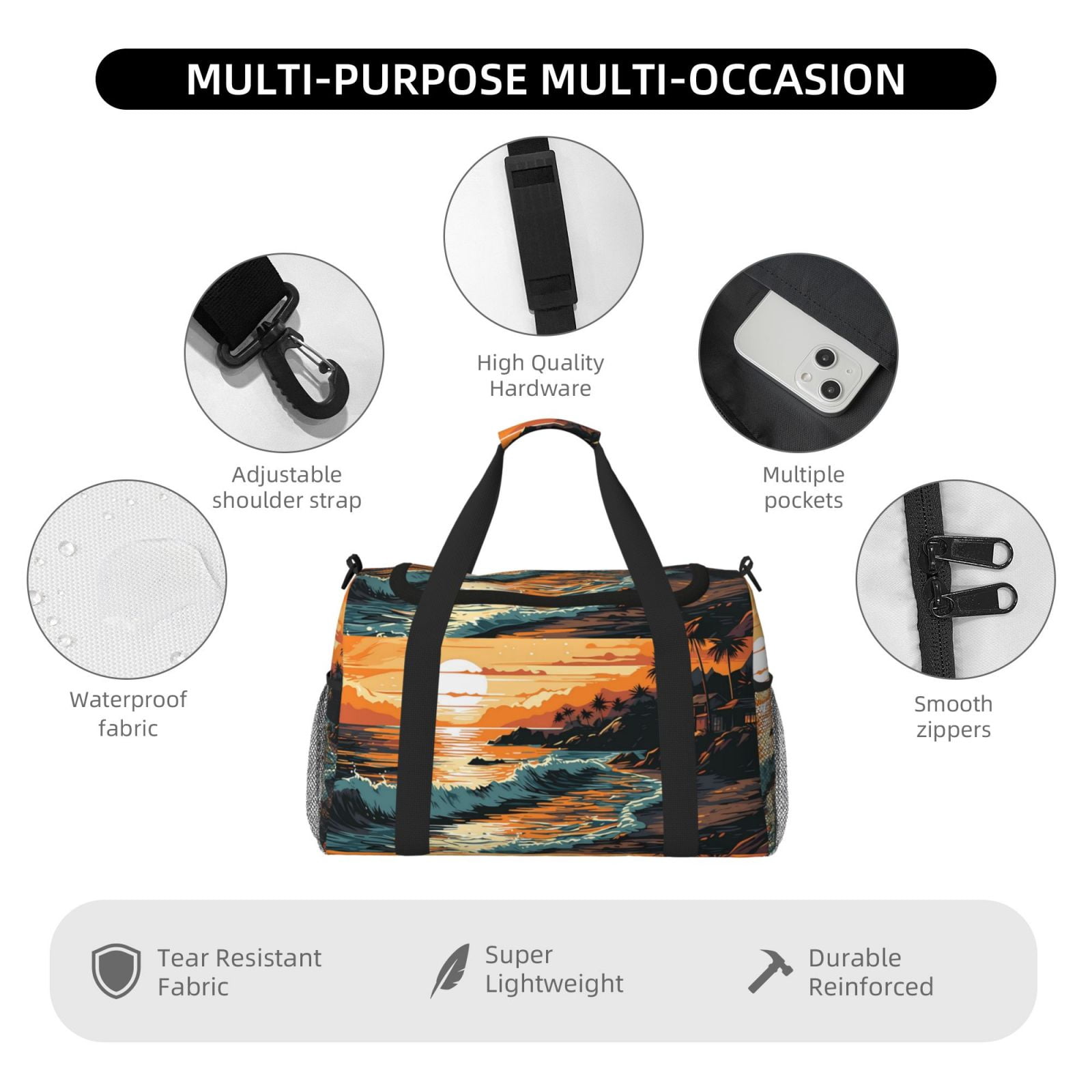 Fuzoiu Serene Ocean Sunset Print Travel Duffle Bag,Carry On Tote Bags,Duffel Bag,Sport Gym Bag, Hospital Bag for Labor and Delivery, Overnight Bag,Luggage Bag