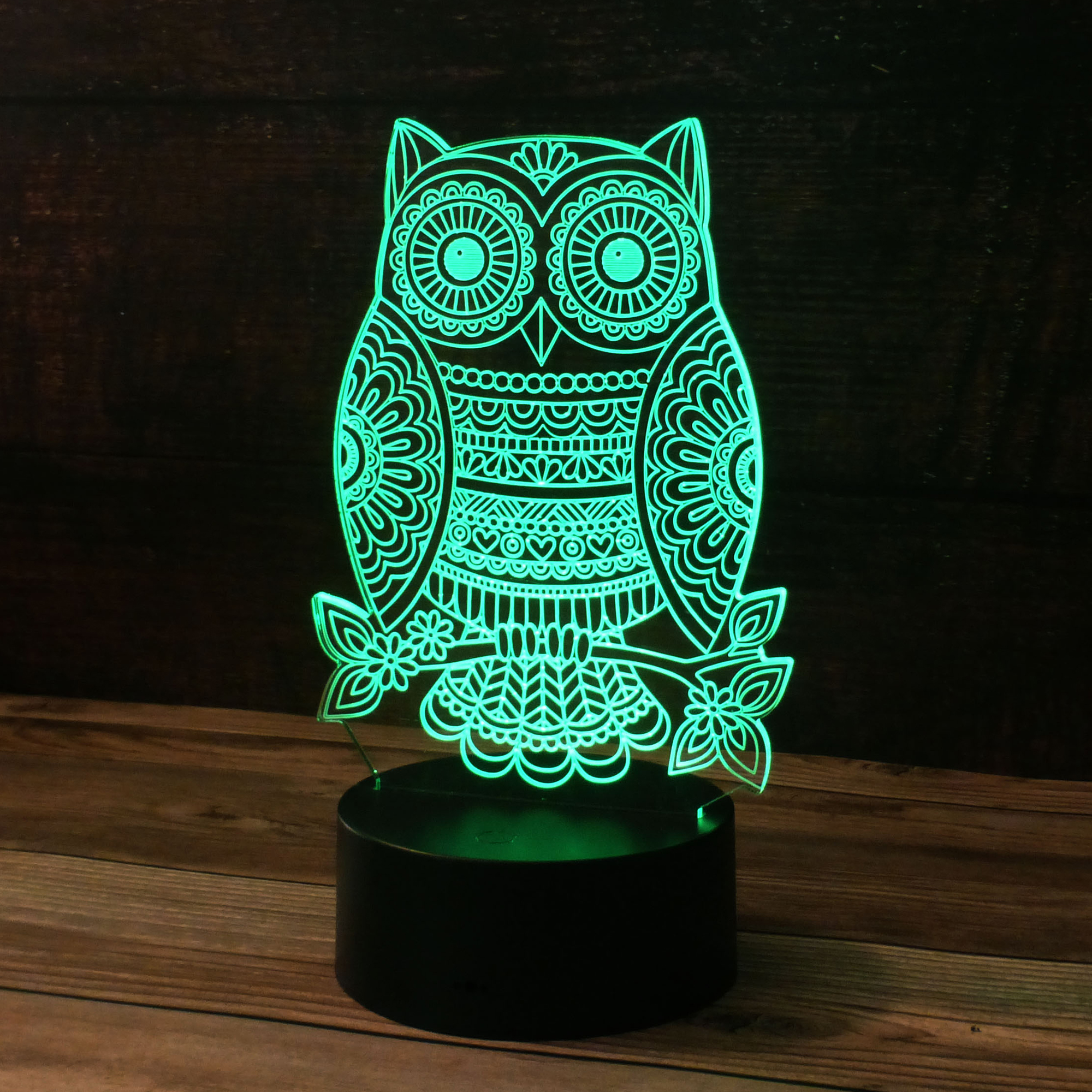 3D Owl Bird Mandala Design Desk Light, 7 Color LED Base Lamp with
