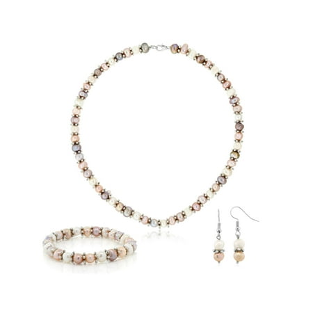 Pink & White Cultured Freshwater Pearl Necklace Earrings Bracelet Set 7-8MM 18