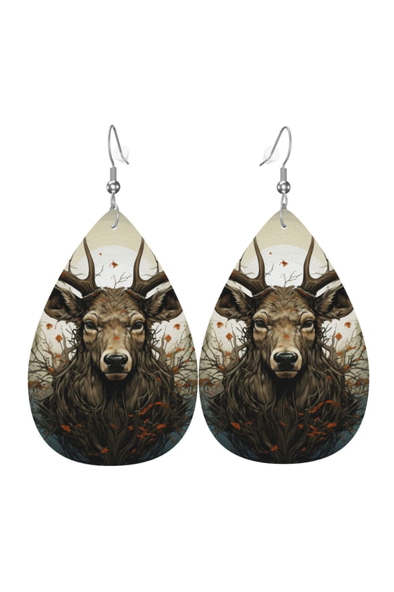 Women Leather Earrings Leaf Dangle Drop Teardrop Gift Lightweight, Deer Antler Whitetail