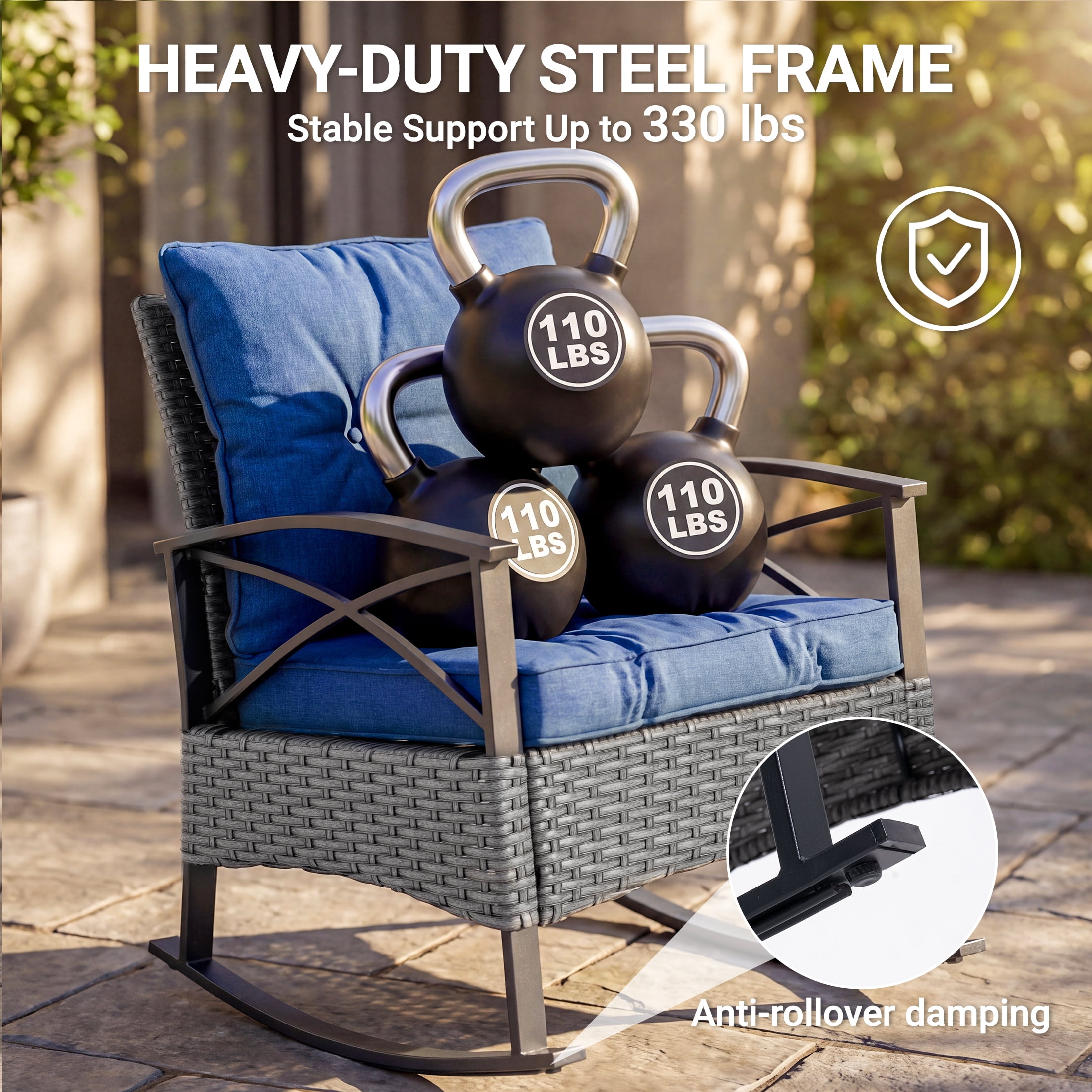 3 Pieces Patio Outdoor Conversation Set, Patio Furniture Bistro Set with 2-Tier Coffee Table, PE Wicker Rocking Chairs with Blue Cushions for for Backyard Porch Poolside