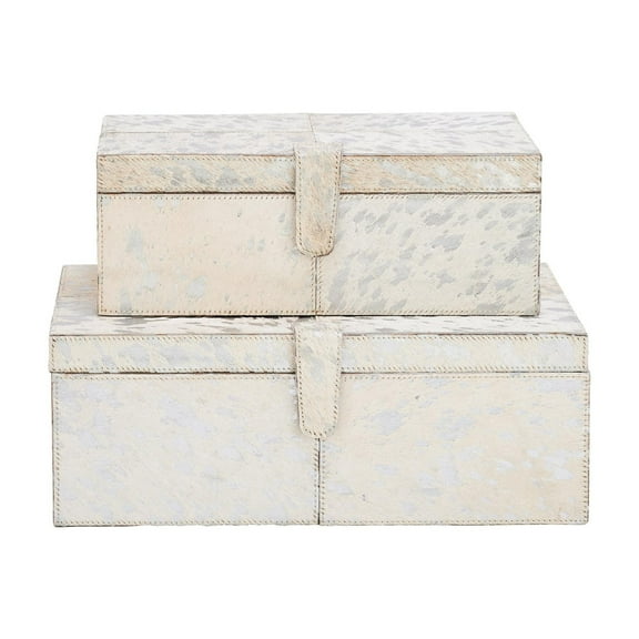 DecMode Handmade Cowhide Storage Silver Leather Decorative Box with Stitching Detail, 2 Count