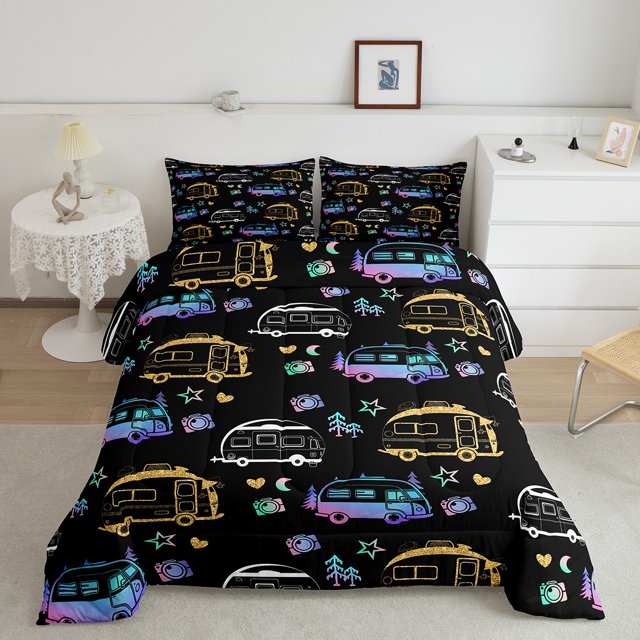 YST Rv Happy Camping Bedding Set, Gradient Camper Car Comforer Set Twin Size For Farmhouse Camping Lovers, Outdoorsy Camper Quilt Rustic Reversible Duvet Insert With 1 Pillow Case, Black