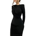 thumbnail image 2 of Vestido Ajustado de Otoño para Mujer, de Larga, con Cuello Redondo Fruncido y Corte Entallado, Vestido de Cóctel para Fiesta Negro L, 2 of 10