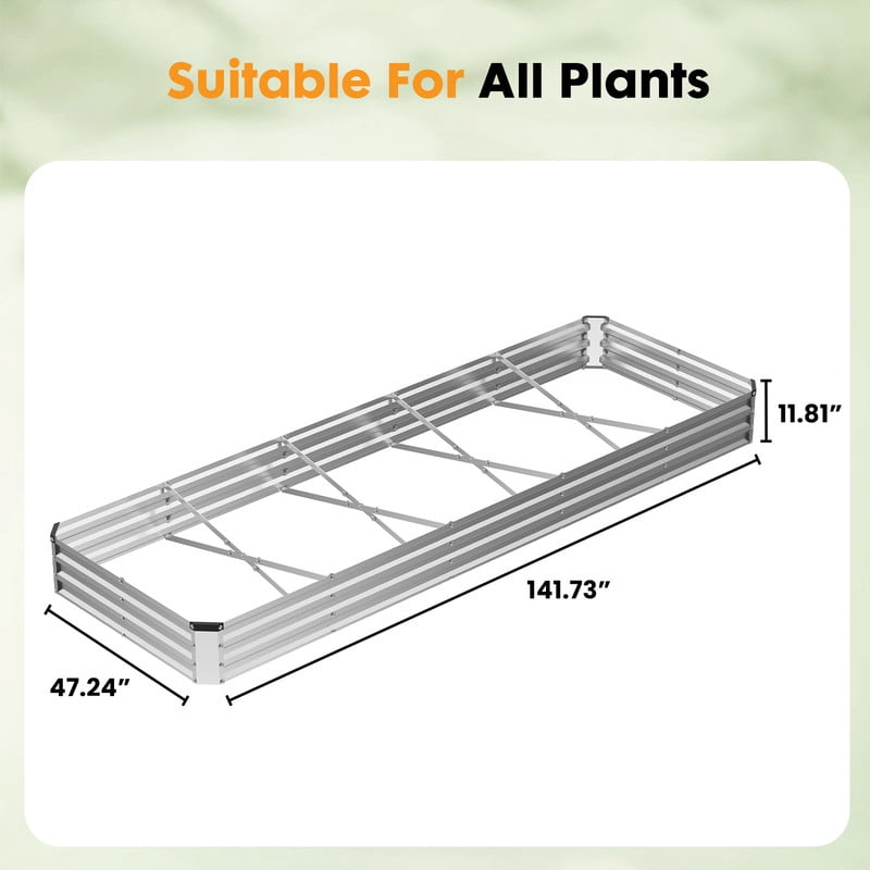 Gianna Metal Raised Garden Bed 2pcs Set, 12x4x1ft Outdoor Planter Box,Raised Garden Beds for Planting Plants Vegetables, Flowers, Silver