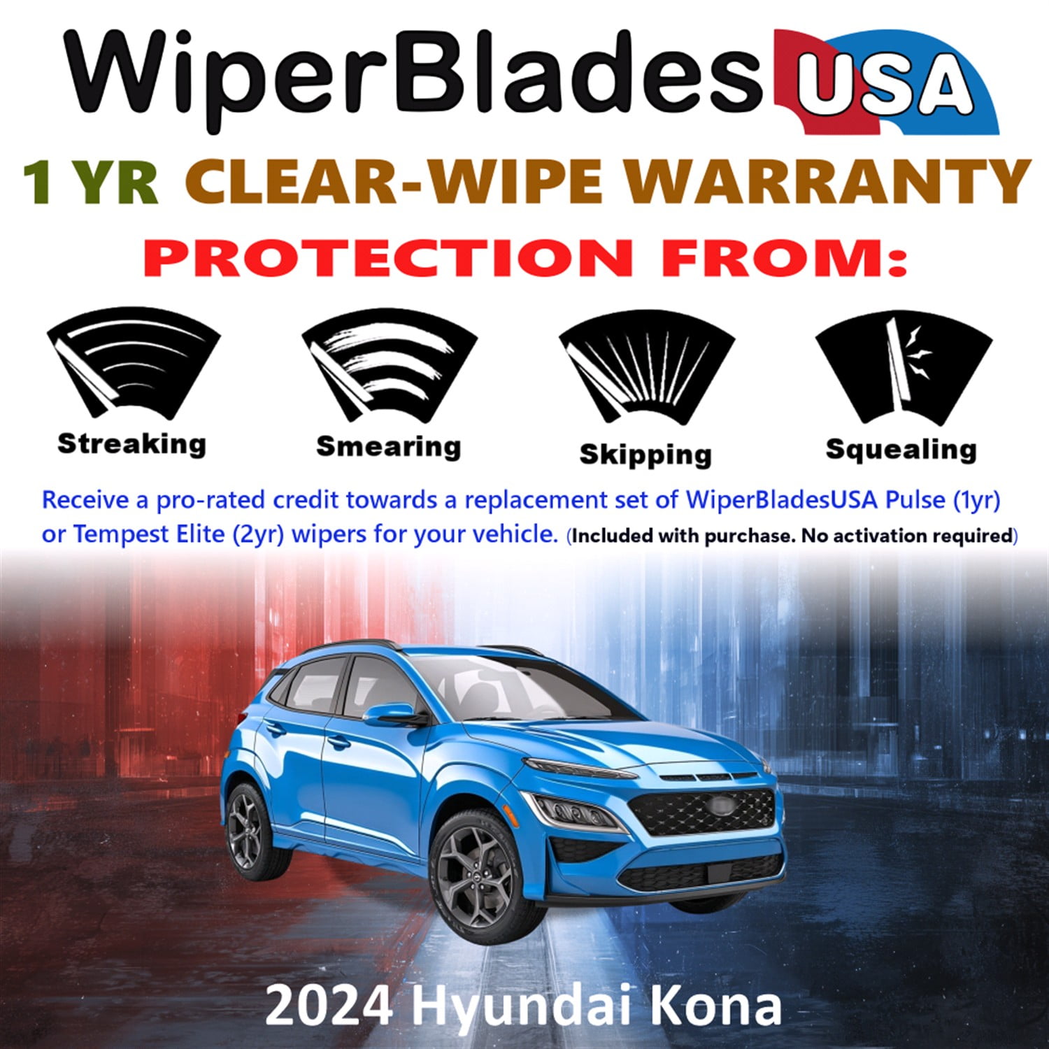 2024 Hyundai Kona Beam Wiper Blades Wipers w/1yr Warranty (Set of 3) w/Rear Wiper (WiperBladesUSA)