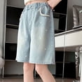 thumbnail image 5 of Afuyipoi Girls Bermuda Denim Shorts Size 10-12,Elastic Waist Embroidered Breathable Baggy Jean Shorts Blue, 5 of 6