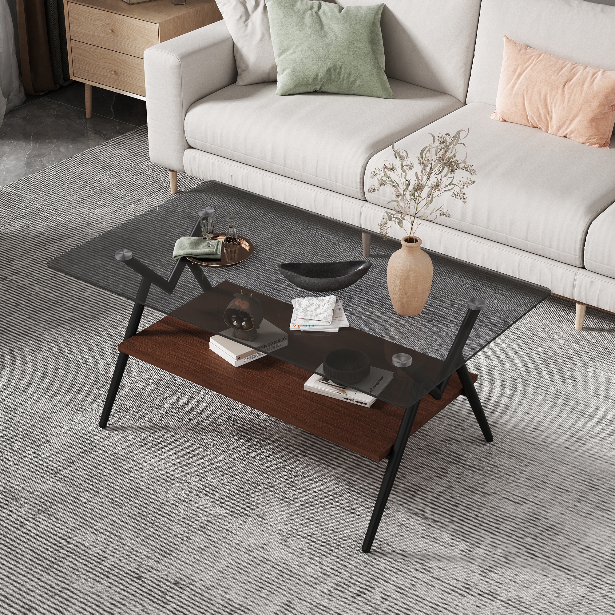 Leumius Glass Coffee Table with Lower Shelf,Clear Rectangle Glass Coffee Table, Modern Coffee Table with Metal Legs for Living Room,Brown +Gray